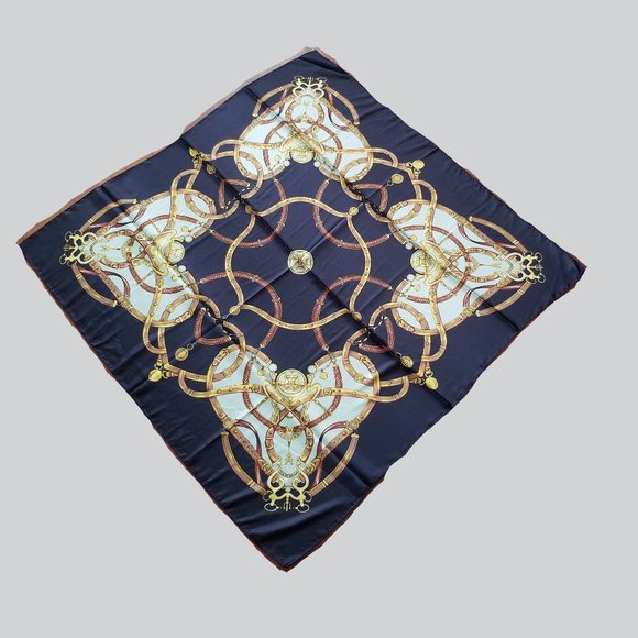 LARGE SATIN LARGE SQUARE SCARF SHAWL WRAP BLUE 34" x 34" EQUESTRIAN - Picture 2 of 6